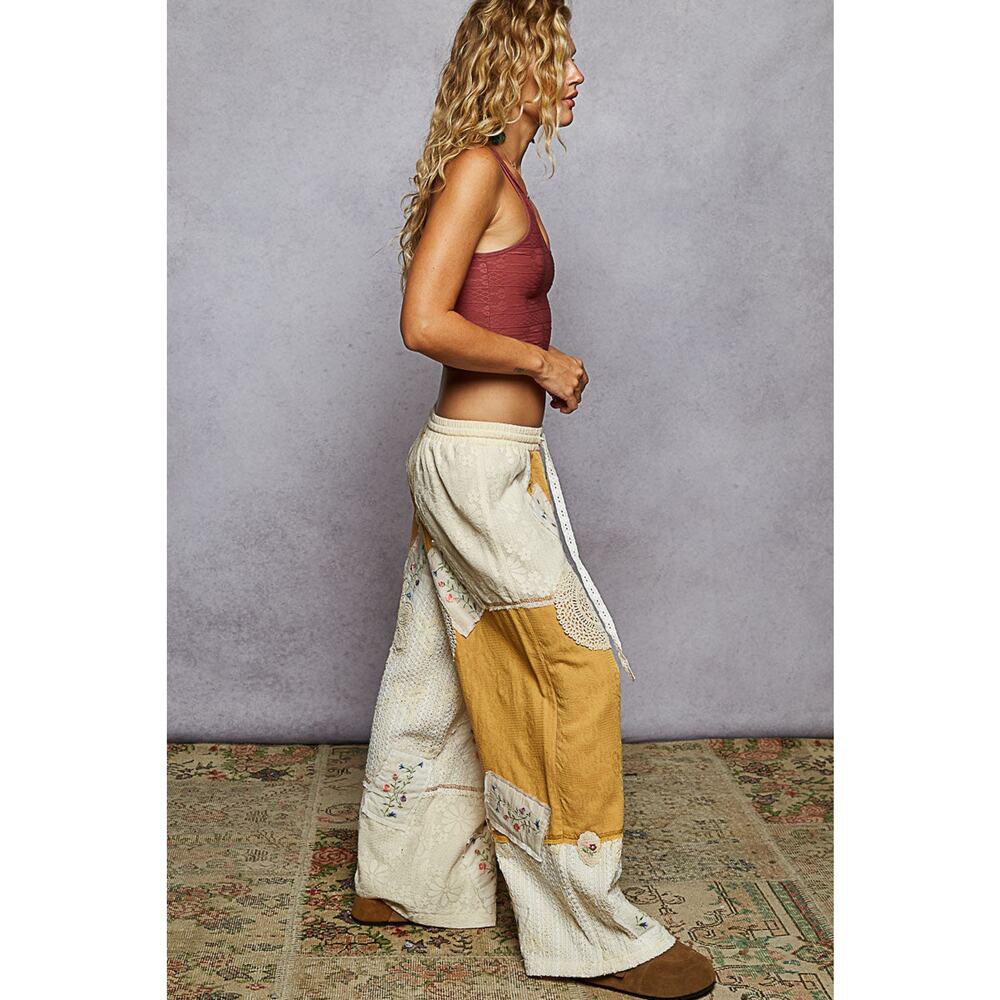 "Deacon" Patchwork Wide Leg Pants in Ivory Honey - Picture 5 of 6